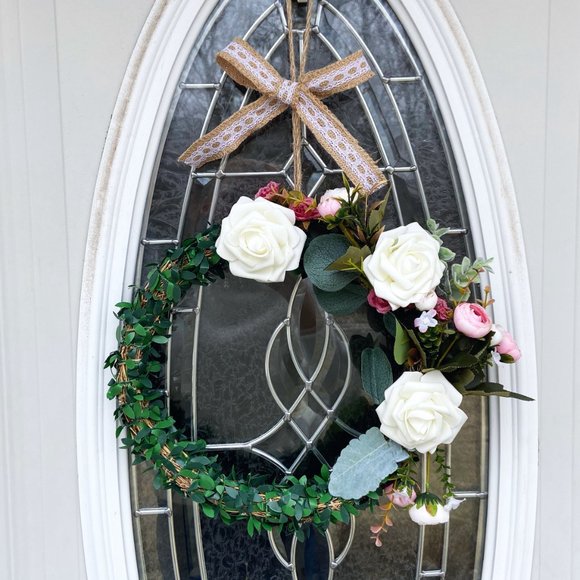 Spring / Summer Floral Handmade Boho Rustic 12” Bamboo Base Wreath - Picture 2 of 8